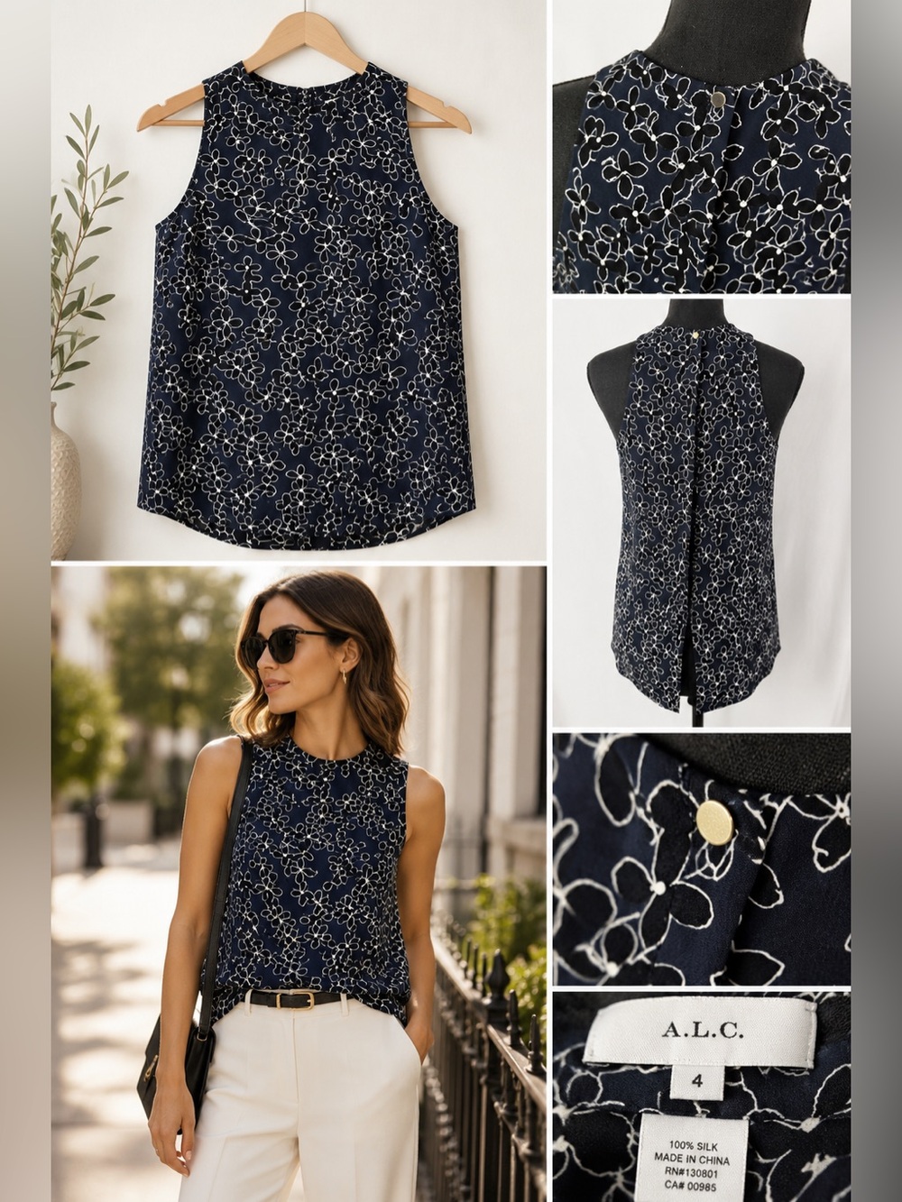 A.L.C. Navy Floral Sleeveless Blouse Size 4 Silk Blend Back Pleat Top